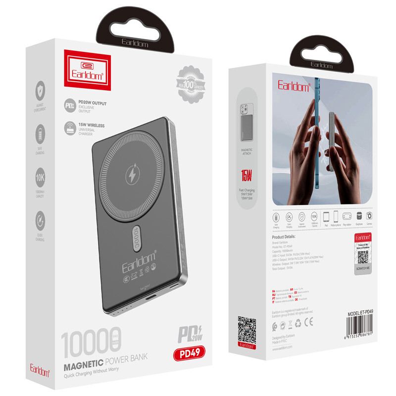 پاوربانک وایرلس (PD و فست شارژ) Earldom 10000mAh مدل ET-PD49 20W – مشکی
